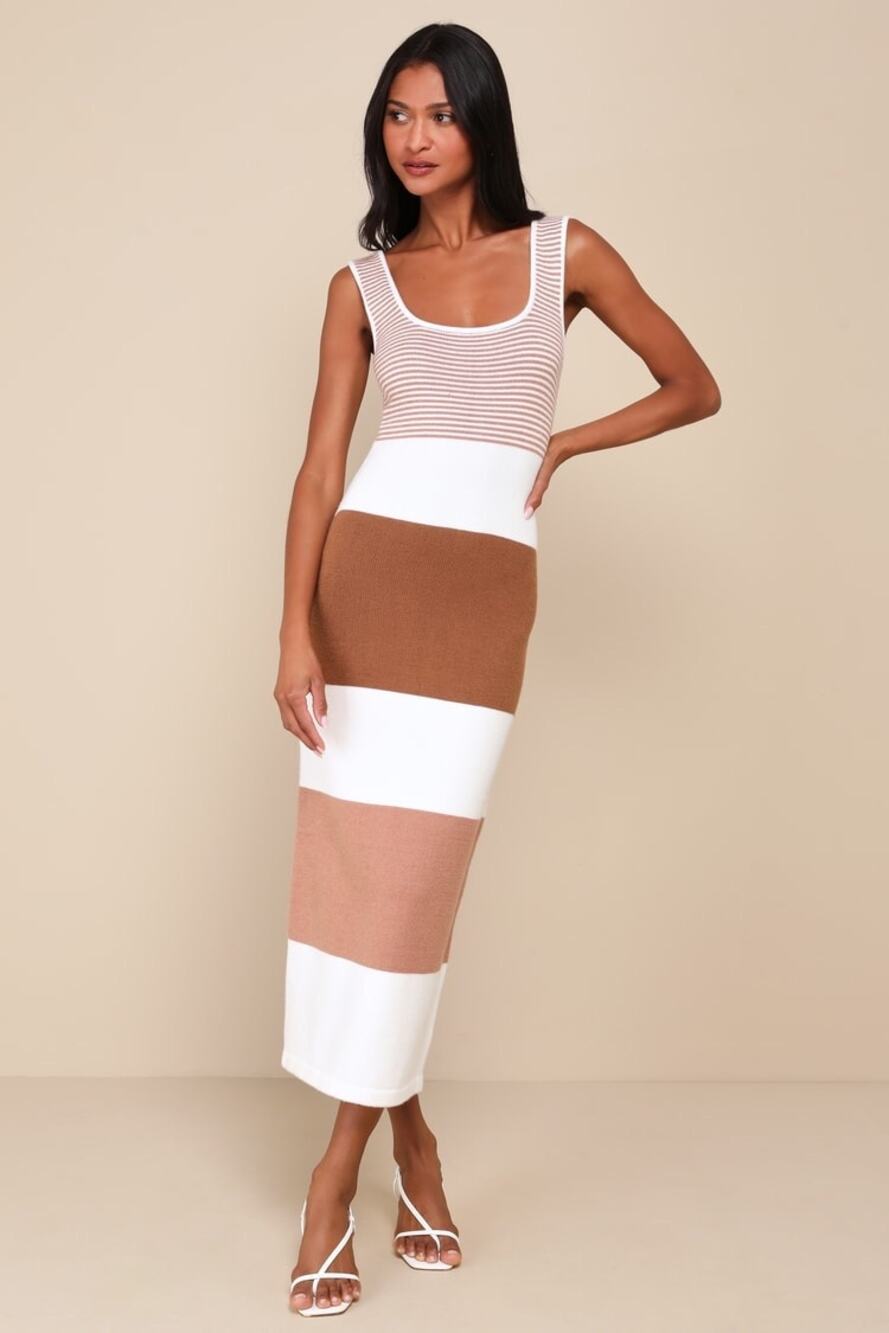 NWT Lulus Easily Gorgeous Ivory and Brown Striped Midi Sweater Dress Casual Sz S